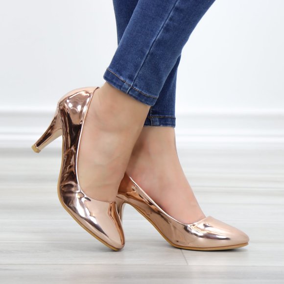 Rose Gold Paten Slip On Kitten Low Heel Pumps - Picture 7 of 12